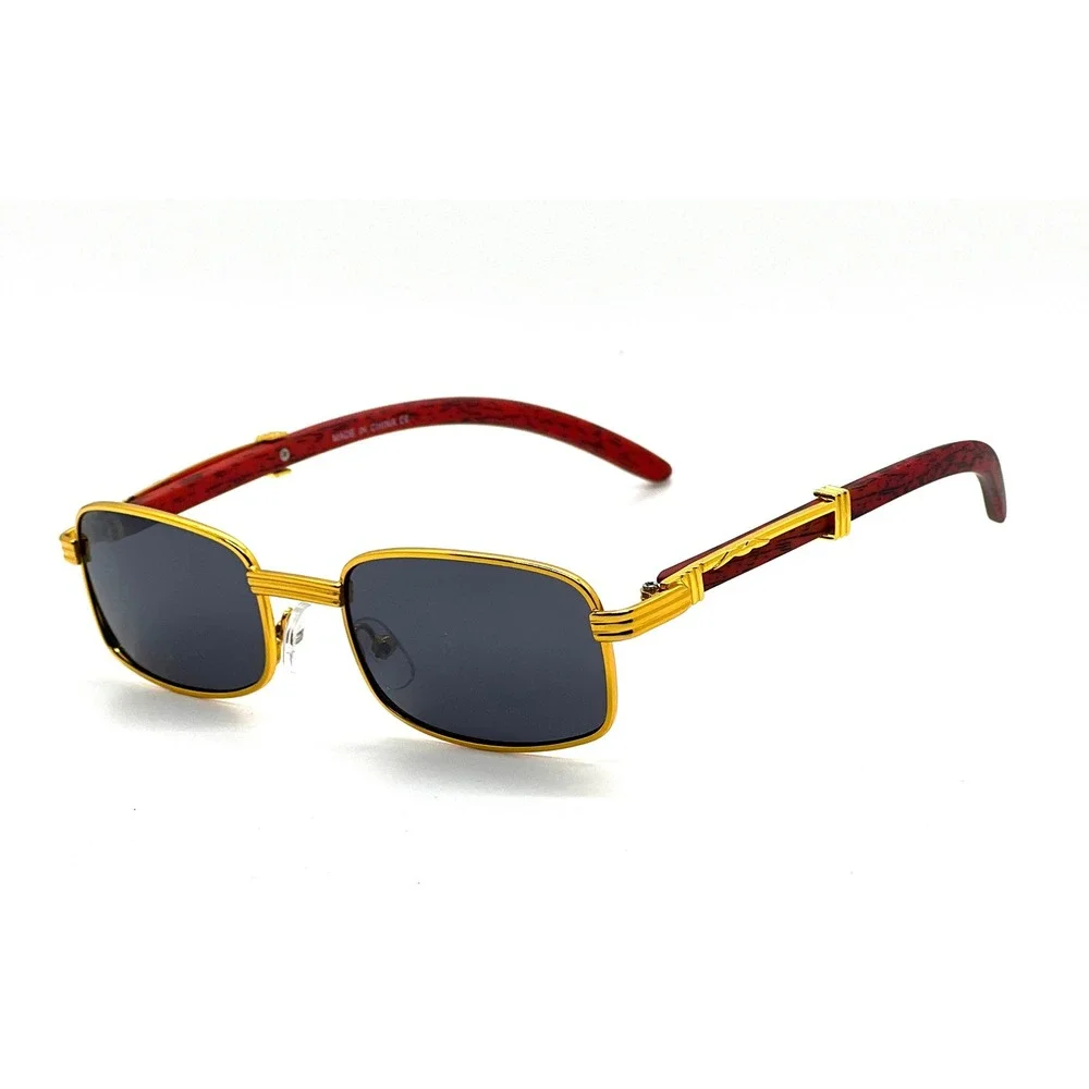 Gold Tone Rectangle Sunglasses Wood Arms Vintage Retro Mens Fashion Eyewear Buff